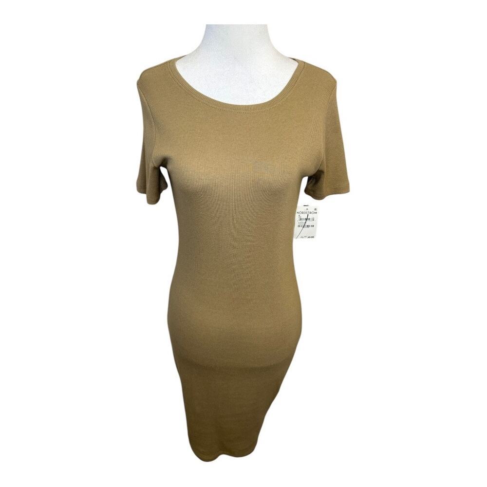 NEW Open Edit Women's Beigeā Short Sleeve Bodycon Midi Dress Size Medium NWT